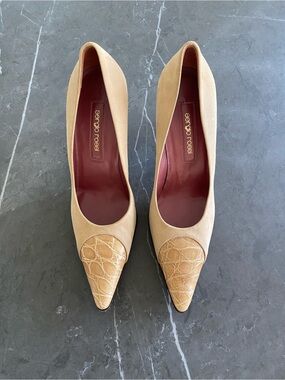 Sergio Rossi Tan Suede Pumps with Croc-Effect Cap Toe